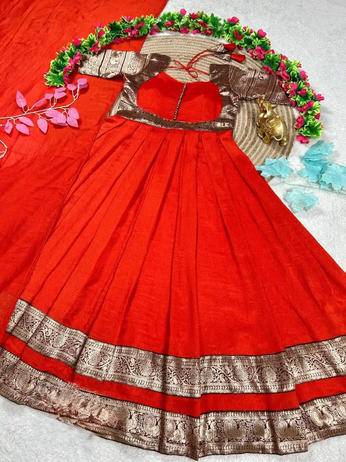Fanta Orange Vichitra Silk Rich Antique-Gold Zari Gown